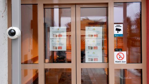 A door of the hospital in Enköping, Sweden. The emergency room there has was closed, and staff who came into contact with the patient are being cared for.