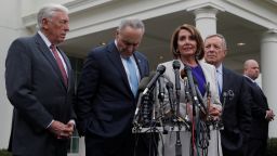 U.S. Speaker of the House Nancy Pelosi and Senate Minority Leader Chuck Schumer speak to reporters along with House Majority Leader Steny Hoyer (L) and Senate Minority Whip Dick Durbin (R) as they depart the West Wing after a meeting about the U.S. government shutdown between U.S. Congressional leaders and President Donald Trump at the White House in Washington, U.S., January 4, 2019. REUTERS/Jim Young