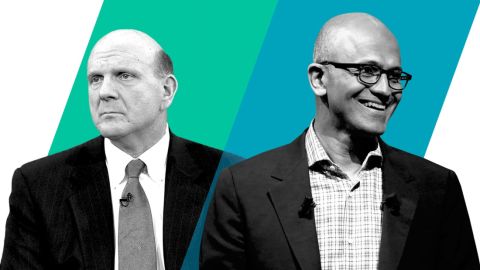 Frustrated with a languishing stock price, Microsoft asked Steve Ballmer (left) to step aside. In 2014, it promoted Satya Nadella to CEO.