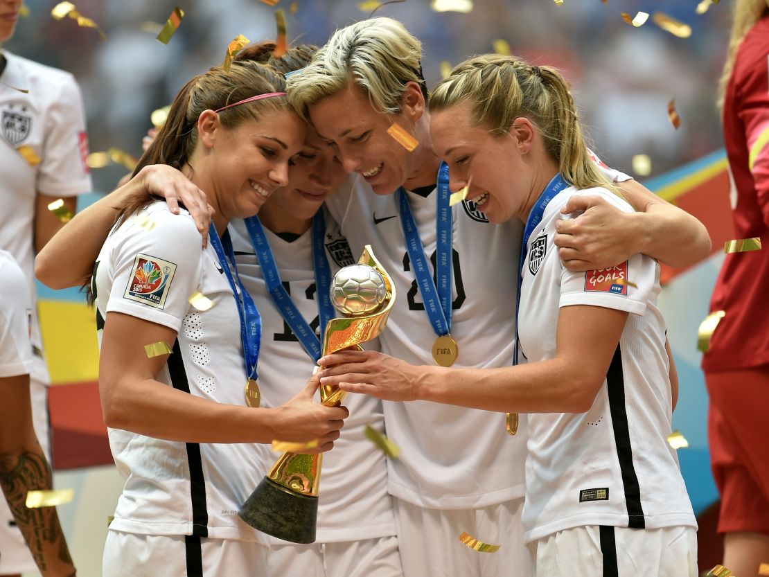 Wambach (center) with teammates after winning the World Cup in 2015. 