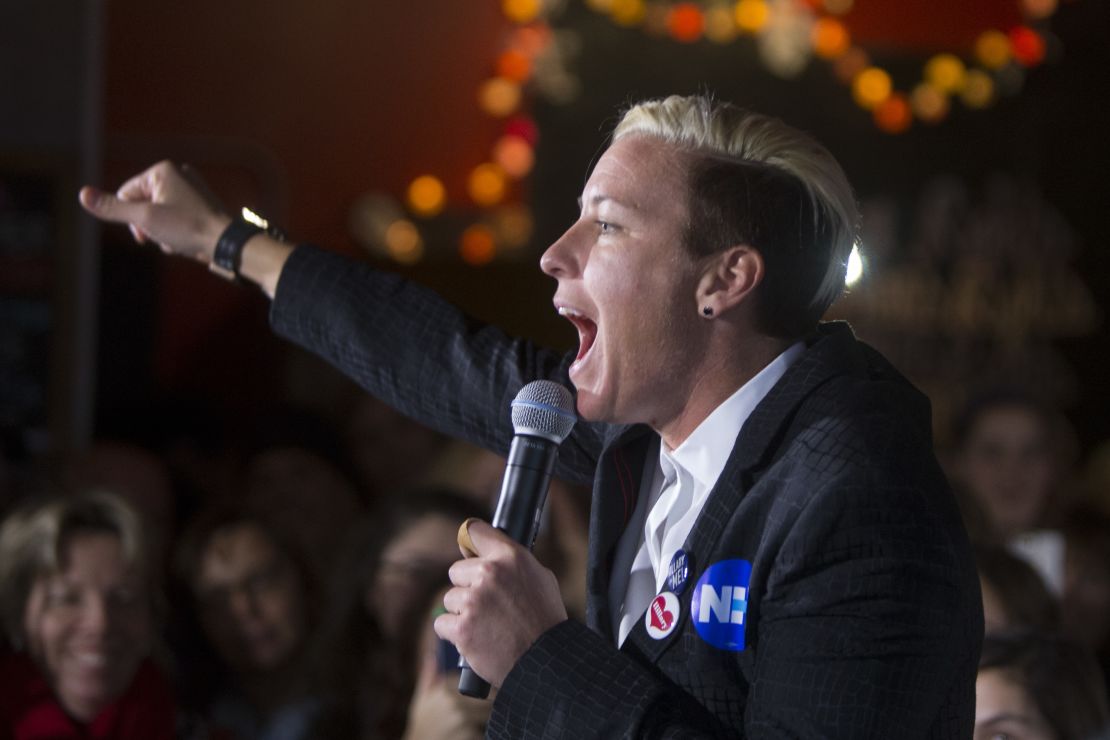 Wambach campaigns for Hillary Clinton during the 2019 Presidential campaign in Manchester, New Hampshire. 