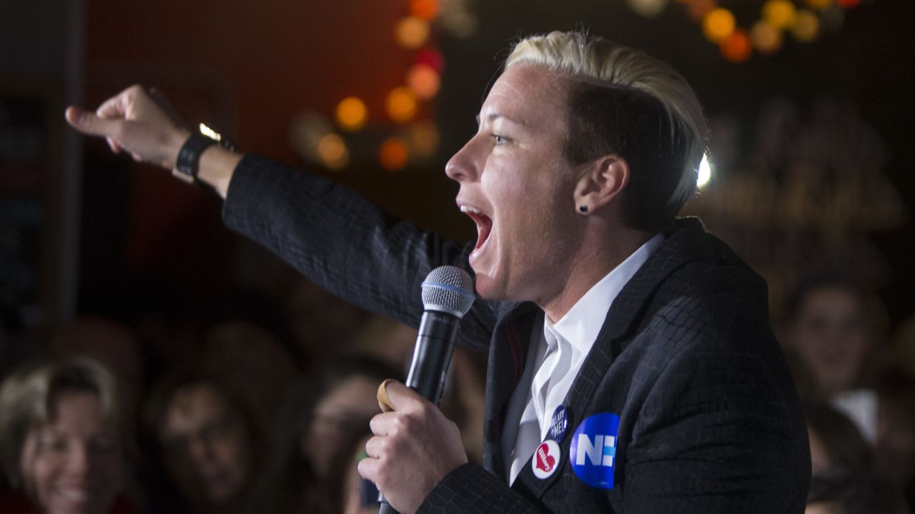 Wambach campaigns for Hillary Clinton during the 2019 Presidential campaign in Manchester, New Hampshire.