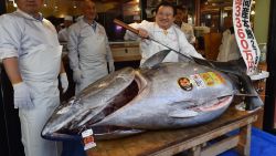 Kiyoshi Kimura (R), president of sushi restaurant chain Sushi-Zanmai, displays a 278kg bluefin tuna at his main restaurant in Tokyo on January 5, 2019. - A Japanese sushi entrepreneur paid a record $3.1 million for a giant tuna on January 5 as Tokyo's new fish market, which replaced the world-famous Tsukiji late last year, held its first pre-dawn New Year's auction. (Photo by Kazuhiro NOGI / AFP)        (Photo credit should read KAZUHIRO NOGI/AFP/Getty Images)