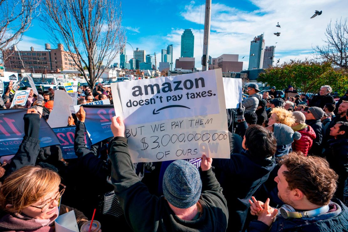 Protesters gather in Long Island City to say "No" to the Amazon "HQ2" decision on November 14, 2018 in Long Island City, New York.