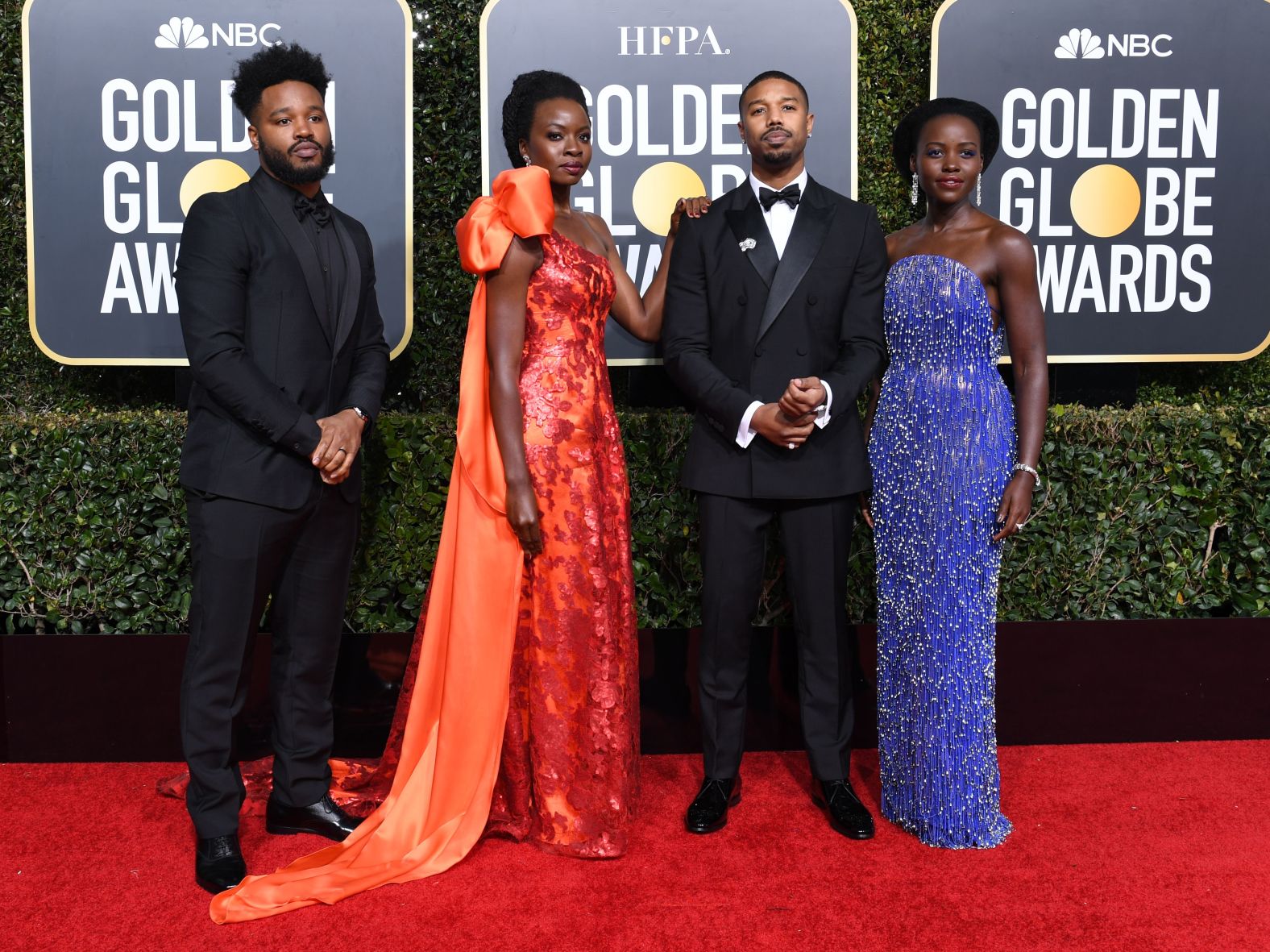 "Black Panther" director Ryan Coogler, left, poses with three of the film's stars: from left, Danai Gurira, Michael B. Jordan and Lupita Nyong'o.