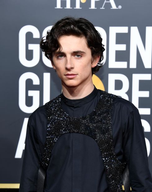 "Beautiful Boy" star Timothee Chalamet added sparkle to his all-black ensemble with a sequined Louis Vuitton harness.