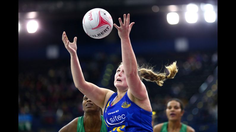 Bath's Kim Commane reaches for the ball Saturday, January 5, during a Netball Superleague match in Birmingham, England. 