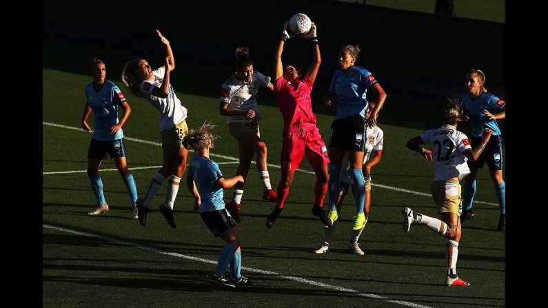 Sydney goalkeeper Aubrey Bledsoe catches a cross during an Australian league match against the Newcastle Jets on Friday, January 4.