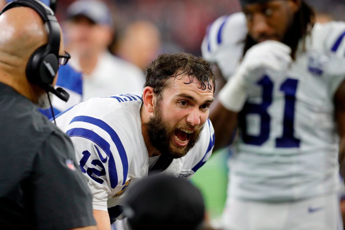 Andrew Luck of the Indianapolis Colts reacts on the sideline in the fourth quarter against the Houston Texans.