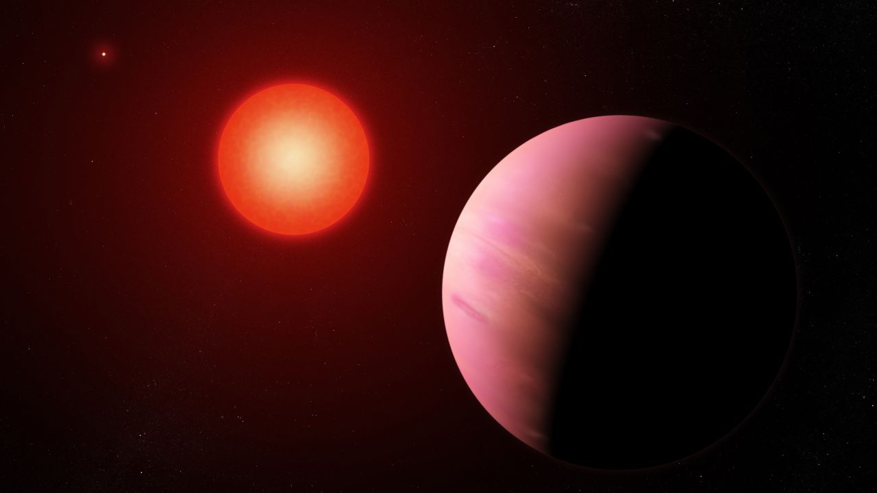 This artist's illustration shows newly discovered exoplanet K2-288Bb, 226 light-years away and half the size of Neptune. It orbits the fainter member of a pair of cool M-type stars every 31.3 days.
