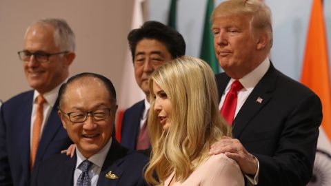 HAMBURG, GERMANY - JULY 08: Australian Prime Minister Malcom Turnbull, World Bank president Jim Yong Kim, Japan's Prime Minister Shinzo Abe, Ivanka Trump and U.S President Donald Trump during the G20 summit on July 8, 2017 in Hamburg, Germany. (Photo by Matt Cardy/Getty Images)