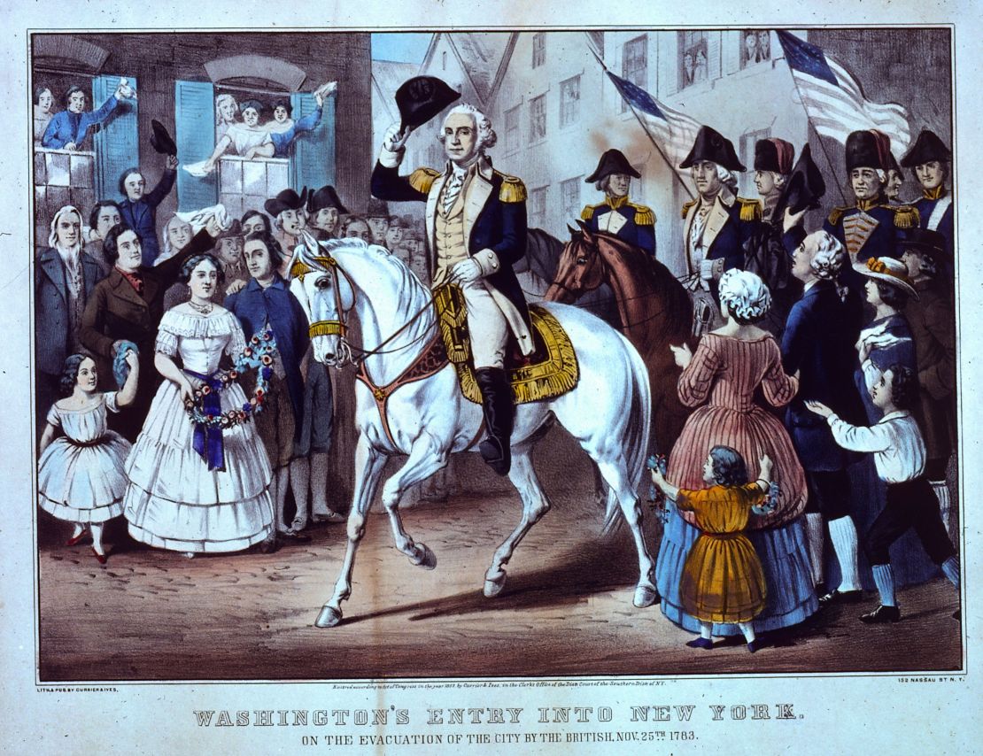 General George Washington makes his triumphal entry into New York after the British left the city in 1783.