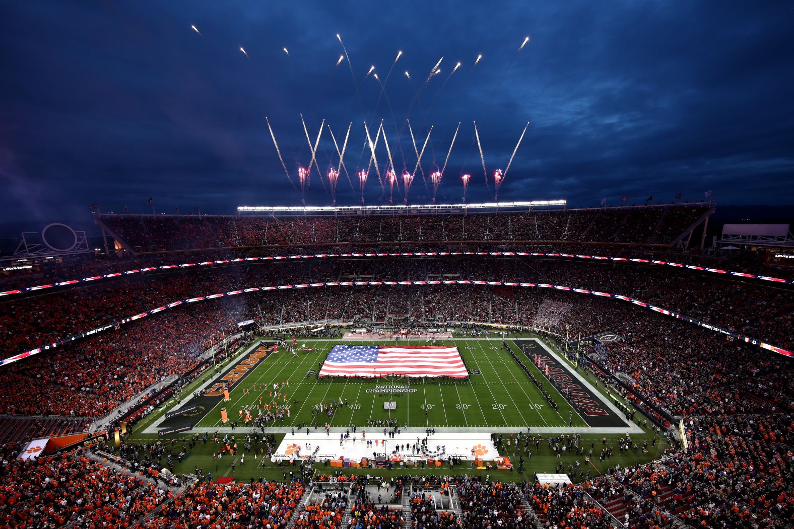 Fireworks explode over Levi's Stadium as Andy Grammer performs the National Anthem.