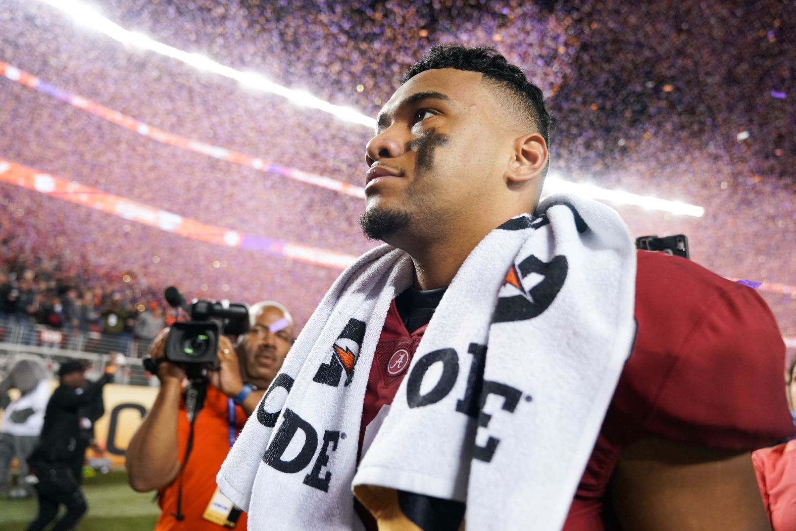 Alabama quarterback Tua Tagovailoa leaves the field after the game.