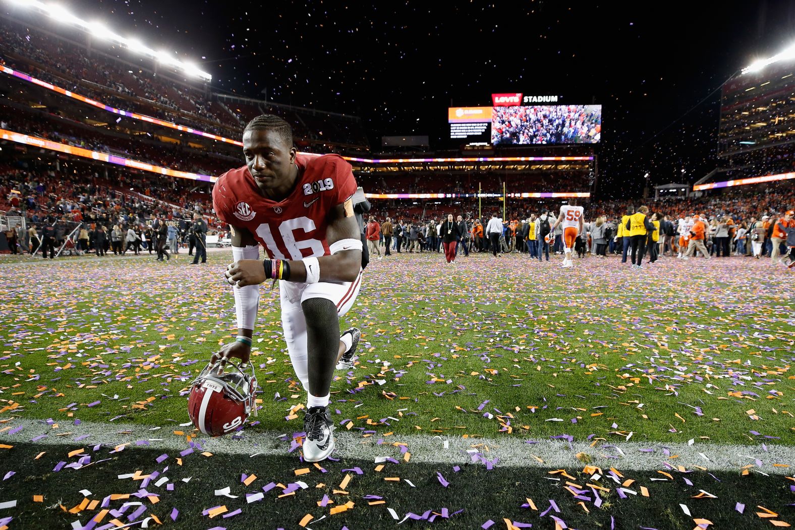 Alabama's Jamey Mosley reacts after the loss.