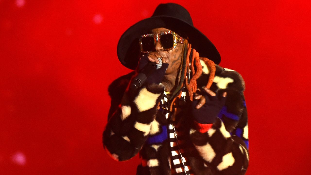 Lil Wayne's colorful get-up attracts attention during Monday night's halftime show in San Francisco. 