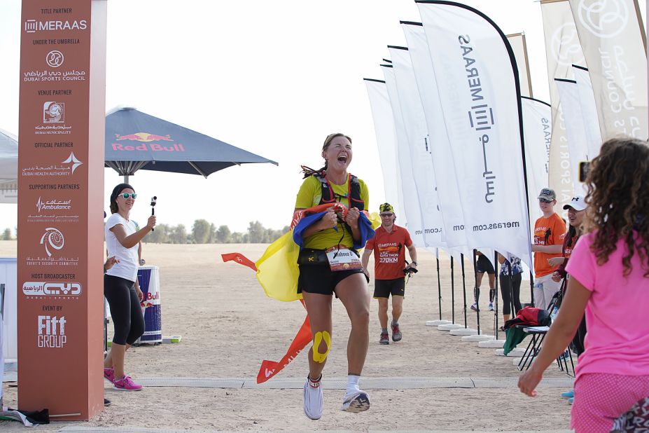Pure joy from Ukranian Oksana Riabova as she crosses the finish line, completing the 270 kilometer race in 42 hours and 17 minutes.