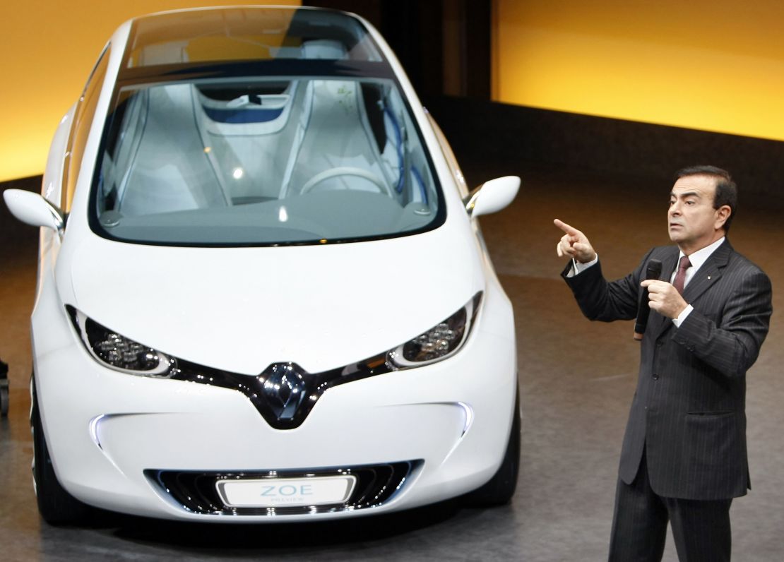  Carlos Ghosn addresses reporters during the presentation of the a new Renault electric car.