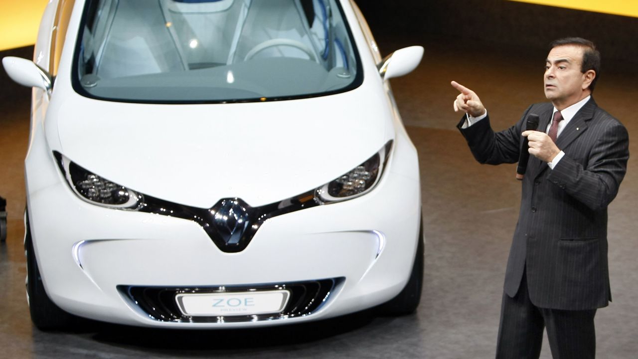 Carlos Ghosn addresses reporters during the presentation of the a new Renault electric car.