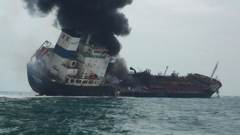 An oil tanker caught fire off Hong Kong's Lamma Island on January 8, 2019.