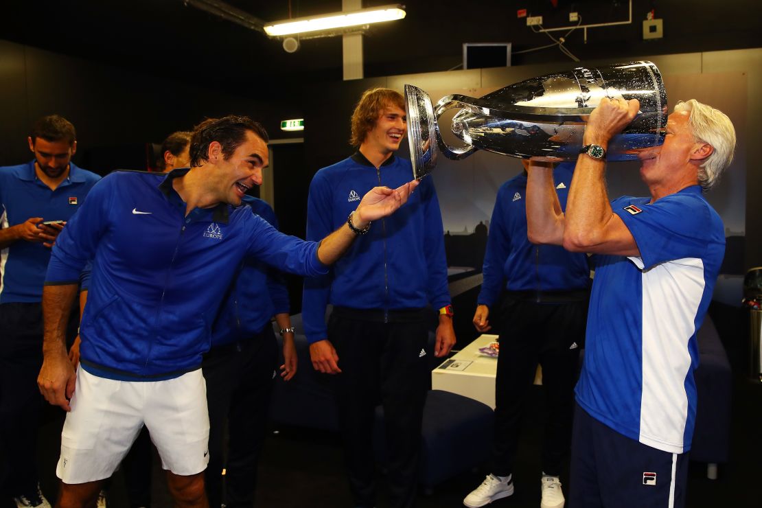 Bjorn Borg, (far right), Roger Federer (left) and Alexander Zverev celebrate winning the Laver Cup. 