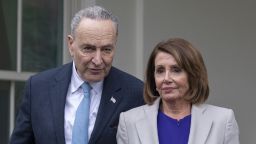 House Speaker Nancy Pelosi (2nd-R), D-CA; Senate Minority Leader Chuck Schumer (2nd-L) D-NY; Rep. Steny Hoyer (L), D-MD; and Senator Dick Durbin (R), D-IL, exit the White House after meeting with US president Donald Trump to discuss the partial government shutdown, January 4, 2019 in Washigton, DC. (Photo by Alex Edelman / AFP)        (Photo credit should read ALEX EDELMAN/AFP/Getty Images)