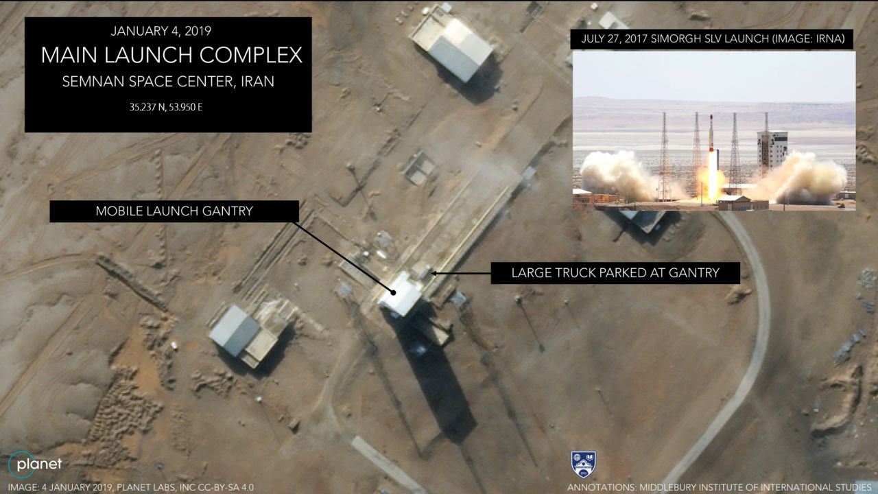 An image taken on January 4 shows a large truck parked at the mobile launch gantry of the Iranian spaceport. 