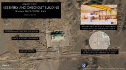 A large white shipping container was photographed outside the assembly and checkout building at the Imam Khomeini Space Center. This container was probably used to transport the rocket's first stage to the horizontal assembly and checkout building prior to its reassembly on the launch pad.