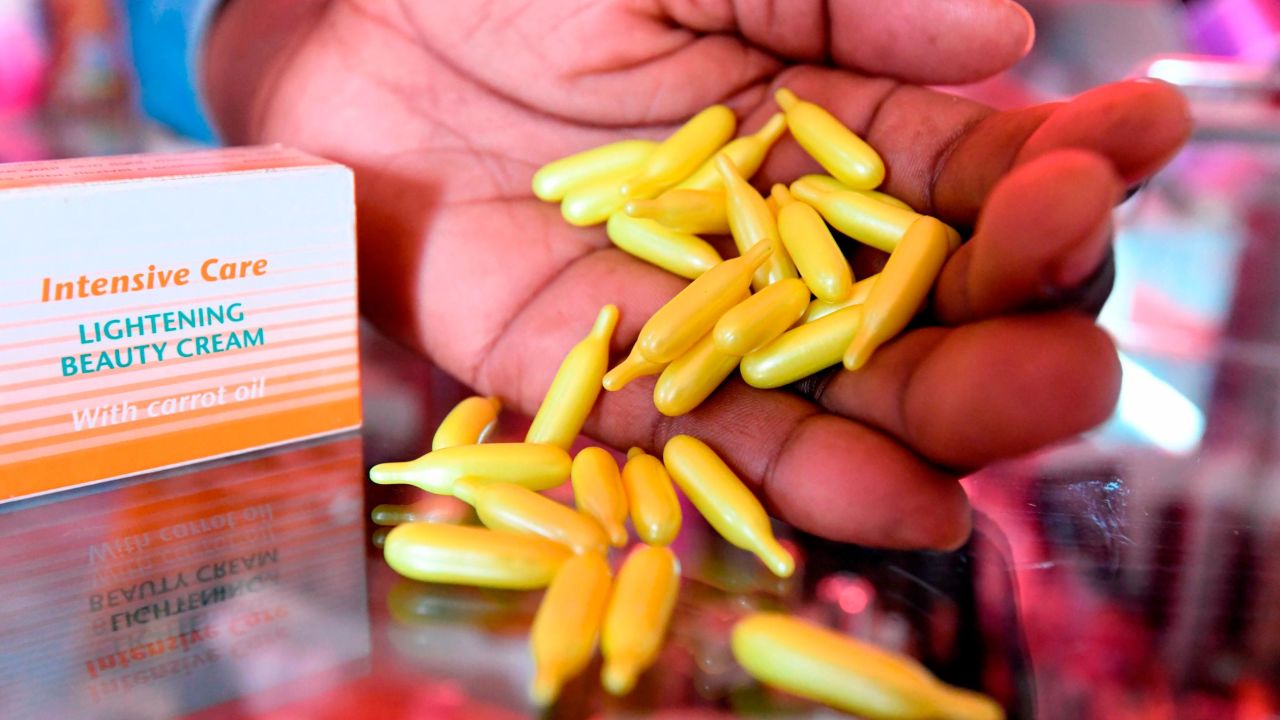 Capsules and cream used for skin lightening at a beauty shop in Nairobi on July 6, 2018.