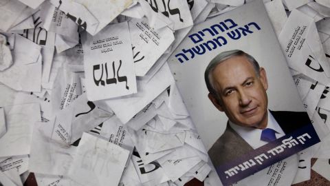 An election campaign poster for Israeli Prime Minister Benjamin Netanyahu is seen at his party's election headquarters.