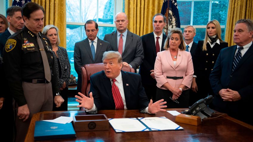 US President Donald Trump speaks after signing a bill for Anti-Human Trafficking Legislation at White House in Washington, DC, on January 9, 2018. - The bill which passed the House and Senate unanimously, will renew existing programs that make federal resources available to human trafficking survivors and establish new prevention, prosecution and collaboration initiatives to help bring the perpetrators to justice. (Photo by Jim WATSON / AFP)        (Photo credit should read JIM WATSON/AFP/Getty Images)