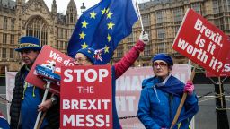 LONDON, ENGLAND - JANUARY 07: Anti-Brexit protesters demonstrate with flags outside the Houses of Parliament in Westminster on January 7, 2019 in London, England. MPs in Parliament are to vote on Theresa May's Brexit deal next week after last month's vote was called off in the face of a major defeat. (Photo by Jack Taylor/Getty Images)