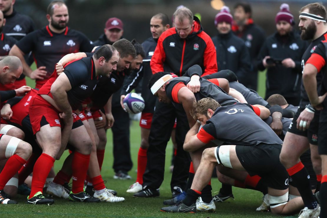 The Georgian and English scrums pack down against each other during a training session in London last year. 
