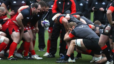 The Georgian and English scrums pack down against each other during a training session in London last year.