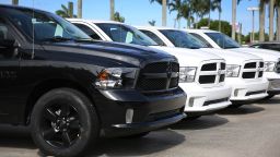 Ram trucks are seen on a sales lot on May 23, 2017 in Miami, Florida.