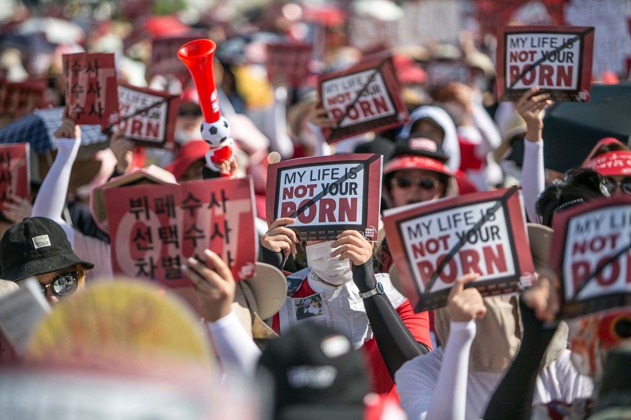 South Korean women protest against sexism and hidden camera pornography on August 4, 2018 in Seoul, South Korea.