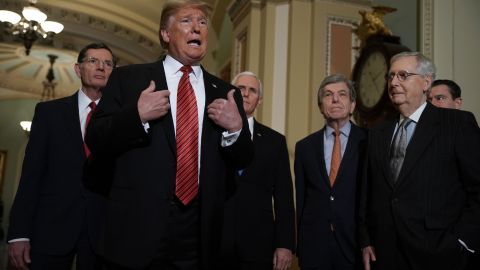 President Donald Trump speaks to members of the press as Sen. John Barrasso of Wyoming, Vice President Mike Pence, Sen. Roy Blunt of Missouri and Senate Majority Leader Sen. Mitch McConnell listen at the US Capitol after the weekly Republican Senate policy luncheon in January. 