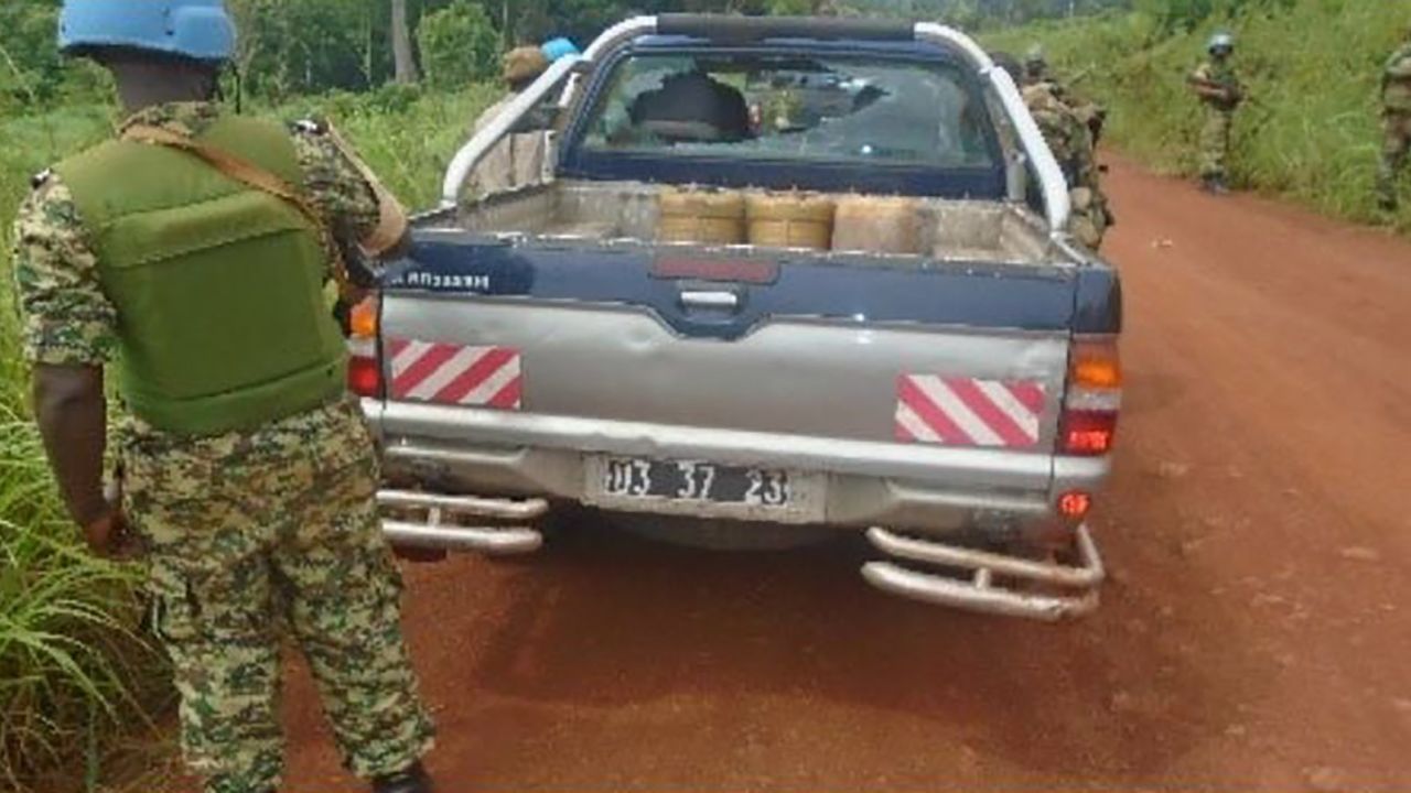 The Mitsubishi 4x4 that carried the journalists from Bangui, its rear window smashed by bullets.