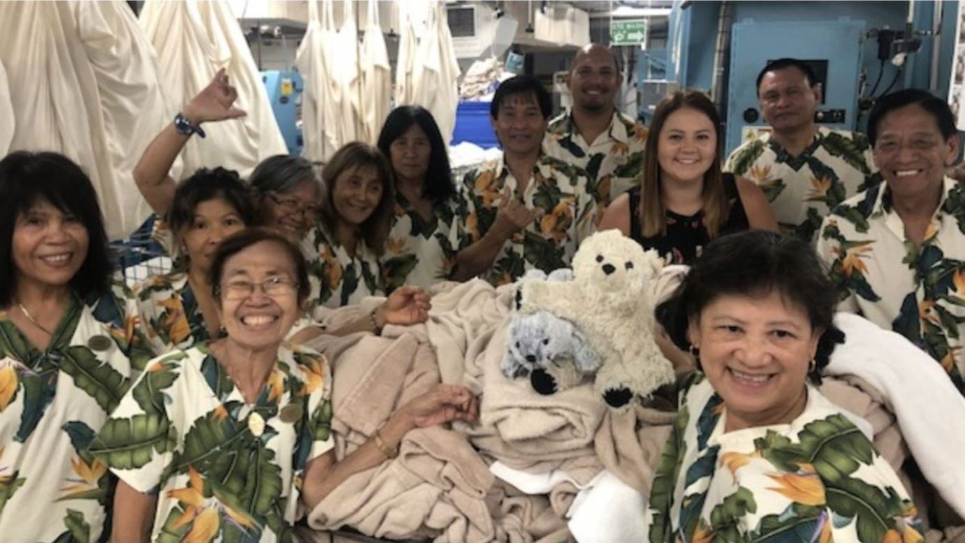 <strong>Lost then found: </strong>Sutro belongs to the son of San Francisco-based Anna Pickard, who was very relieved when the bear -- and his buddy, Kauai, a toy Hawaiian seal -- was found by the laundry team, pictured.