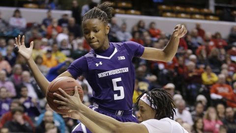 Jordan Hankins goes for a loose ball during an NCAA college basketball game at the Big Ten Conference tournament Saturday, March 5, 2016, in Indianapolis.