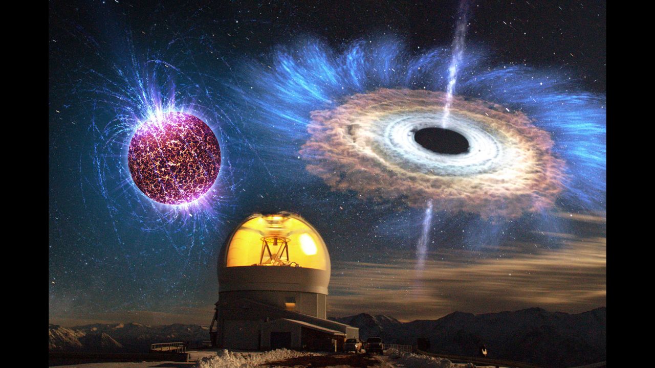 The SOAR telescope is pictured along with images of a highly magnetized neutron star, left, and an accreting black hole.