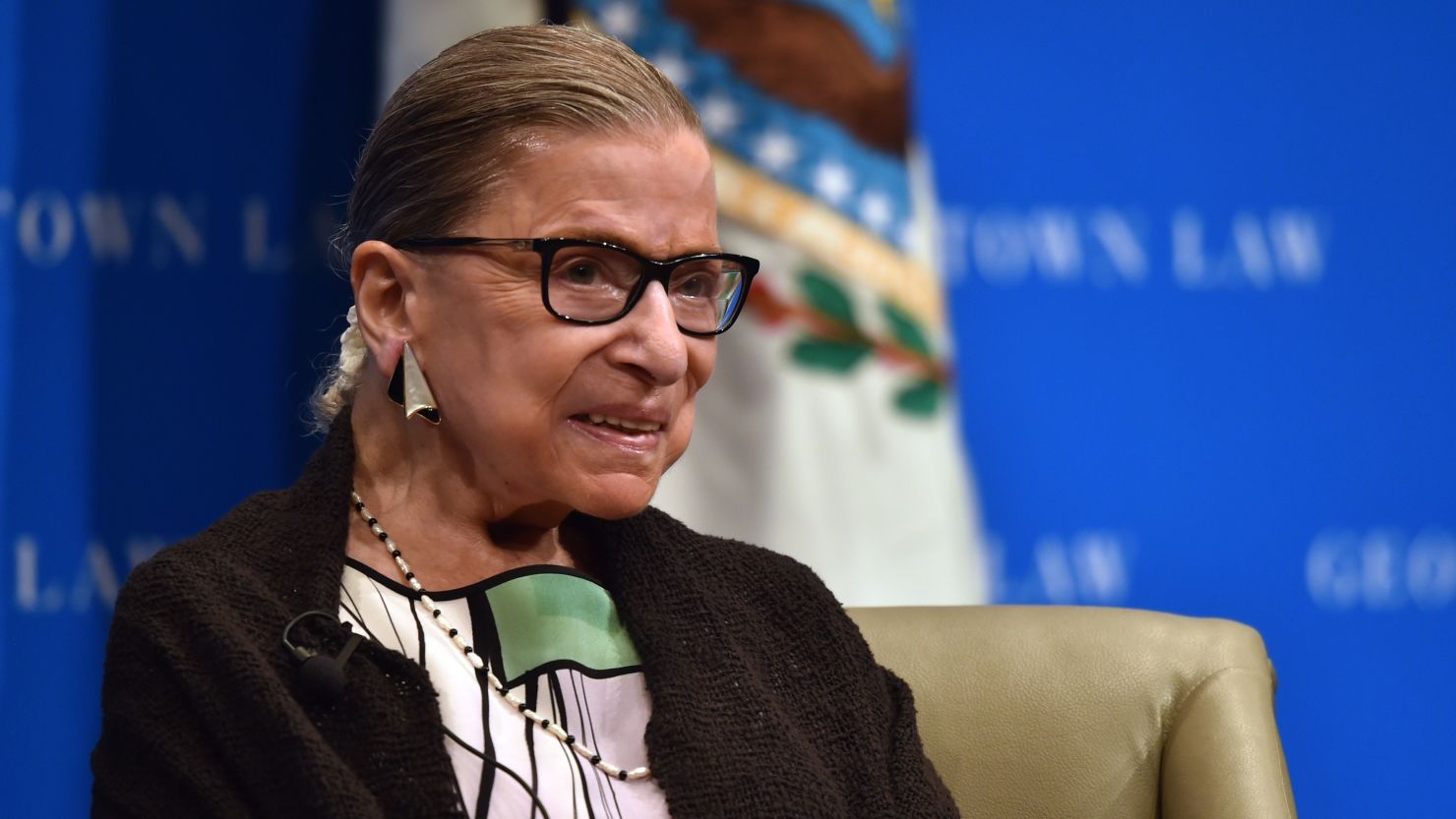 Associate Justice of the Supreme Court Ruth Bader Ginsburg gestures as she speaks to Georgetown University law students in Washington, DC on September 20, 2017.  