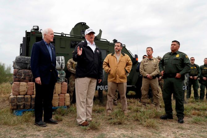 Trump is joined by US Sens. John Cornyn, left, and Ted Cruz as <a href="index.php?page=&url=https%3A%2F%2Fwww.cnn.com%2F2019%2F01%2F10%2Fpolitics%2Ftrump-southern-border-visit%2Findex.html" target="_blank">he visits the US-Mexico border</a> near Mission, Texas, on Thursday, January 10. Trump, surrounded by border patrol agents, said: "We need security. We need the kind of backup they want."