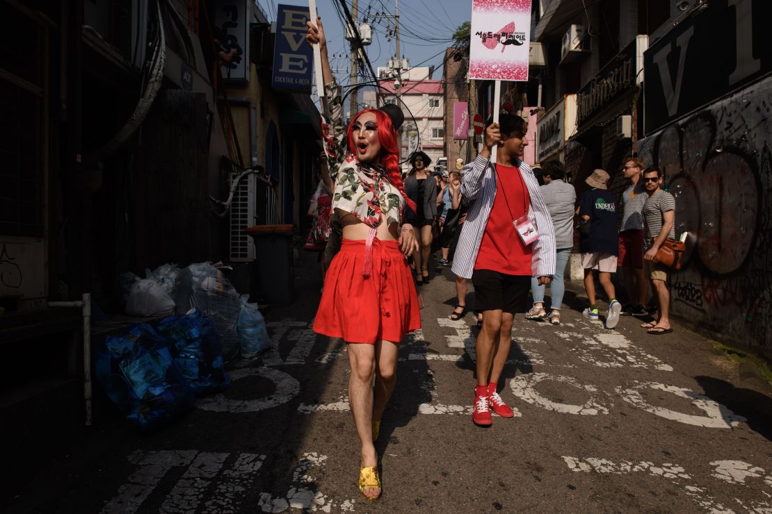 Hurricane Kimchi marches in the Itaewon district of Seoul during the Seoul Drag Parade in May 2018.