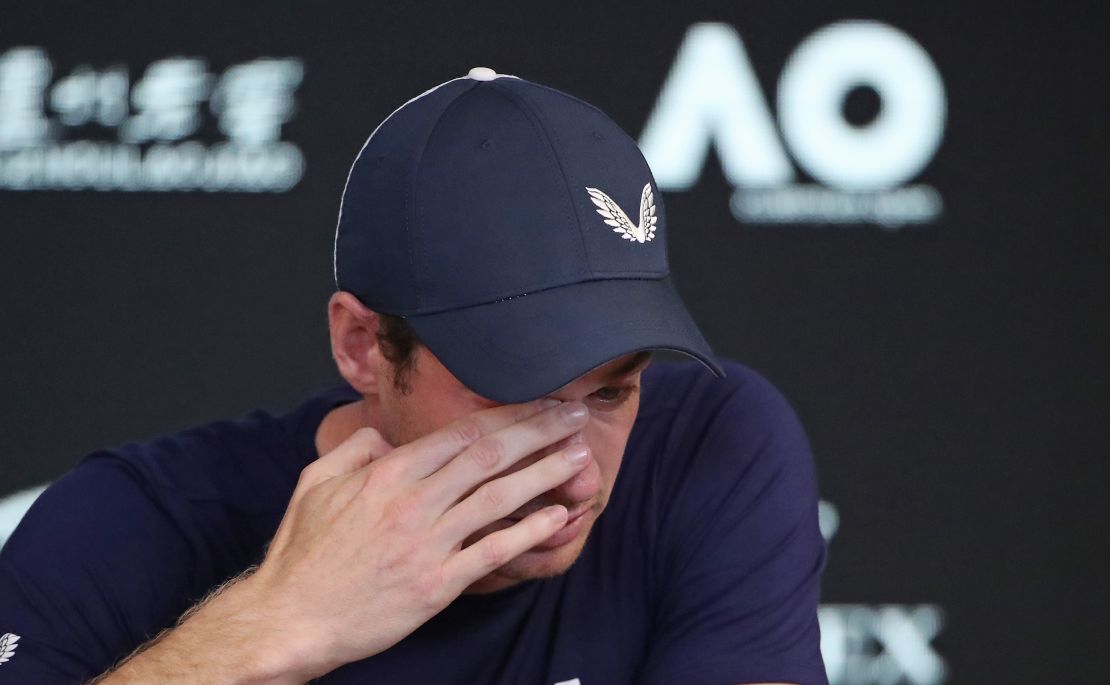 Andy Murray wipes away tears as he announces his retirement from tennis. 