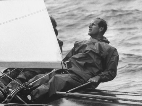 Prince Philip sails during the Cowes Regatta in August 1962.