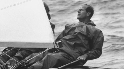 Prince Philip sails during the Cowes Regatta in August 1962.