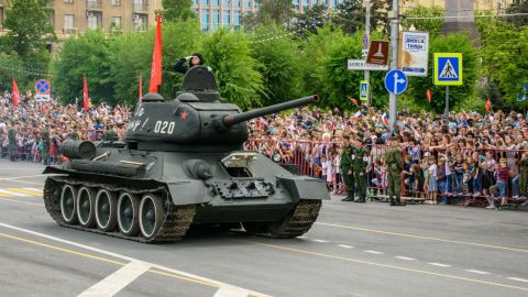 A Soviet T-34 tank drives in the Victory Day parade in May in Volgograd, Russia.