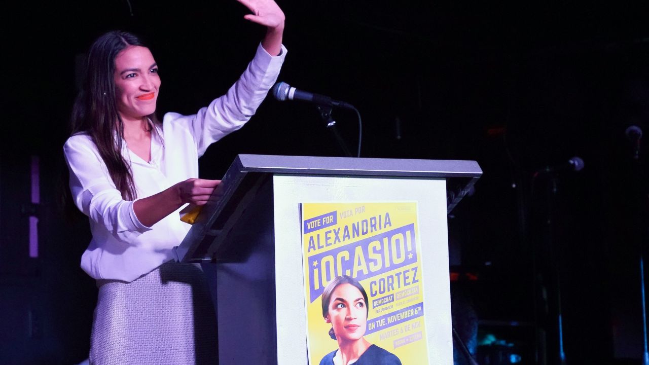 Alexandria Ocasio-Cortez speaks to her supporters during her election night party in the Queens Borough of New York on November 6, 2018. - 28-year-old Alexandria Ocasio-Cortez from New Yorks 14th Congressional district won Tuesdays election, defeating Republican Anthony Pappas and becomes the youngest woman elected to Congress. (Photo by Don EMMERT / AFP)