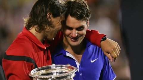 Rafael Nadal (left) consoles Roger Federer after beating him in the 2009 Australian Open final.